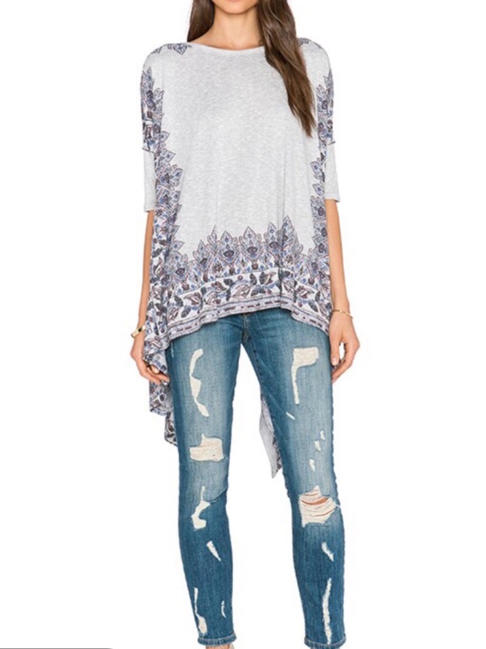 Free People - “Pick Me Up” Tee, Light Gray Tunic with Purple Border Print